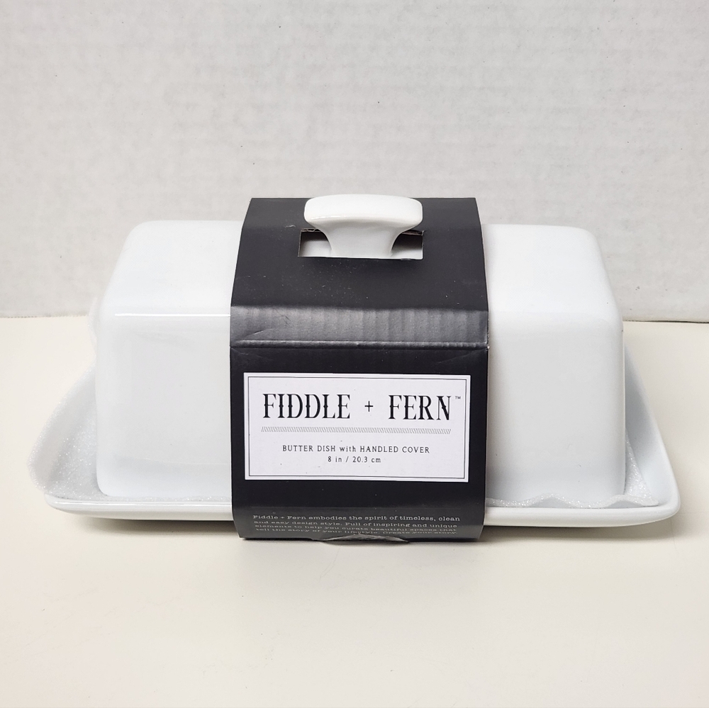 Fiddle + Fern Collection By Home Essentials White Ceramic Butter Dish with Lid